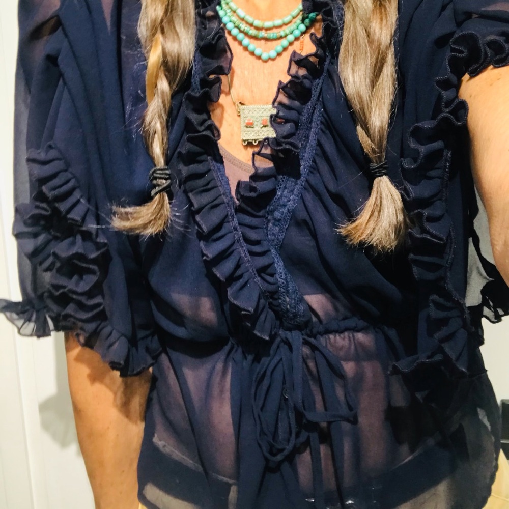 Pretty Sheer Navy Ruffle Top by PRESS Size Medium